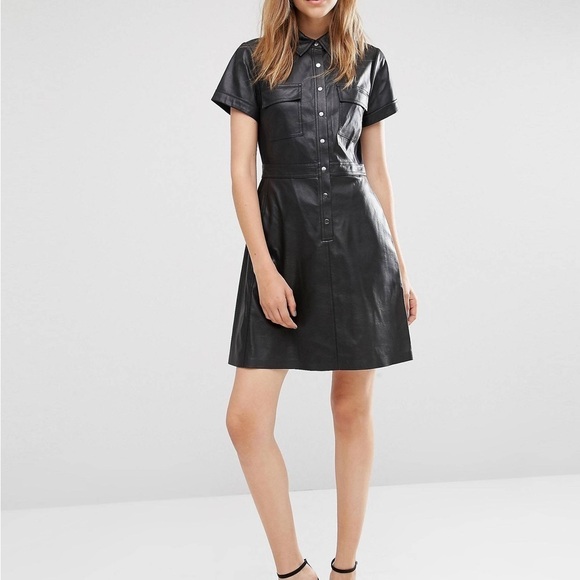 BCBGMAXAZRIA Faux Leather Shirt Dress with Short Sleeves - Picture 1 of 13